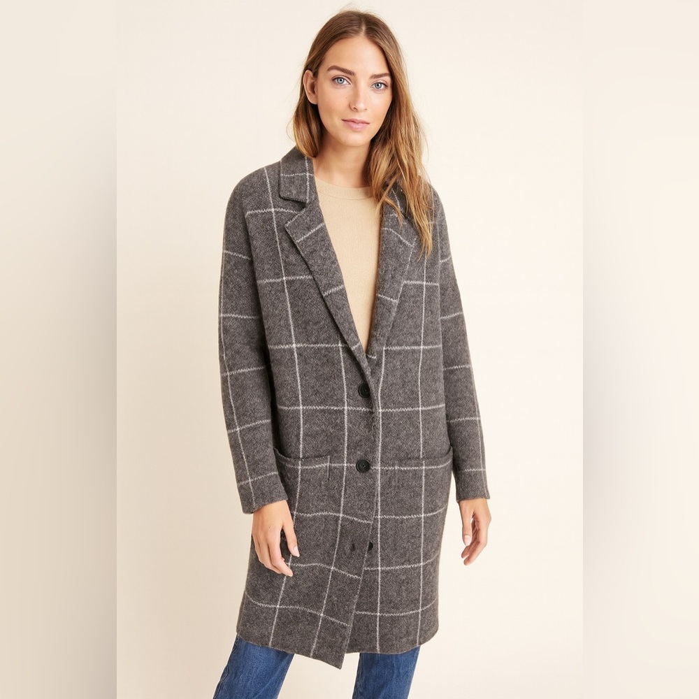 🖤 Anthropologie Solenne Windowpane Sweater Jacket Gray Plaid Coat‎ L💫